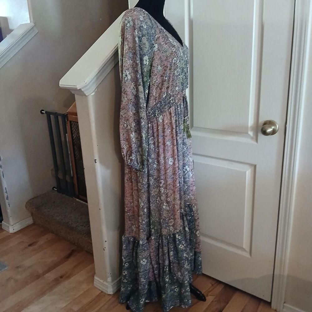 Boemo Anthropologie Floral Long Sleeve Tiered Maxi Dress Peasant Boho 1X Cottage - Picture 2 of 7